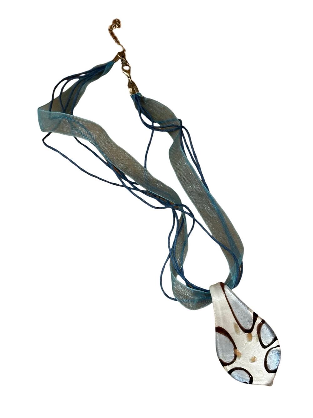 Blown Glass Hippie Boho Blue, White, Brown Mid Century Mod Style Ribbon Necklace